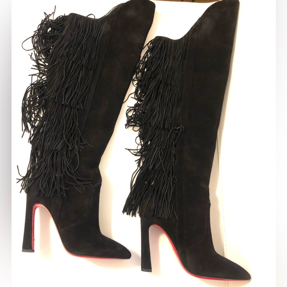Christian Louboutin LIONNE 100 Suede Fringe Over the Knee High Boots MK